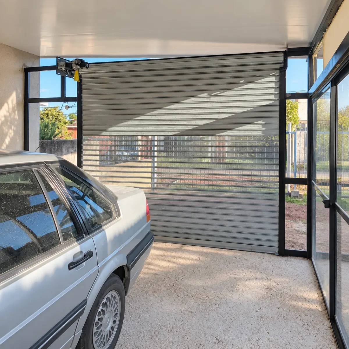 Cortina microperforada con motor en el garaje de una vivienda: ventila y deja ver hacia afuera.