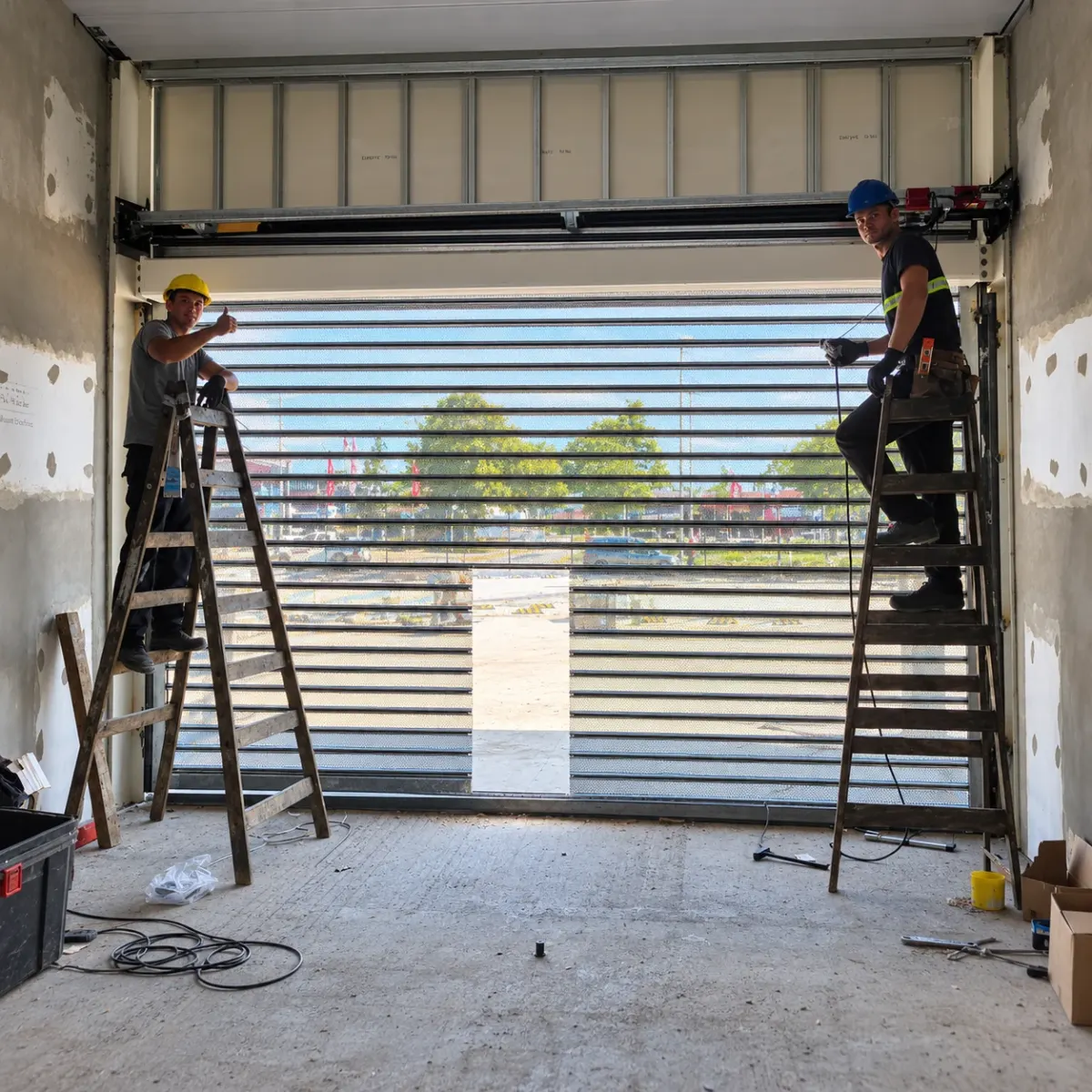 El equipo instalando una cortina microperforada de gran ancho en un local comercial.